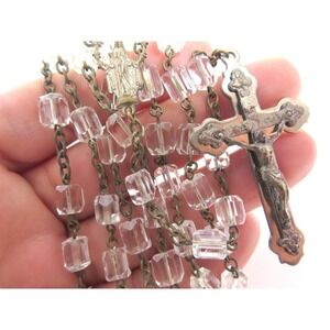 BEAUTIFUL ANTIQUE VINTAGE CLEAR CYLINDER CRYSTAL ROSARY BEAD CATHOLIC NECKLACE